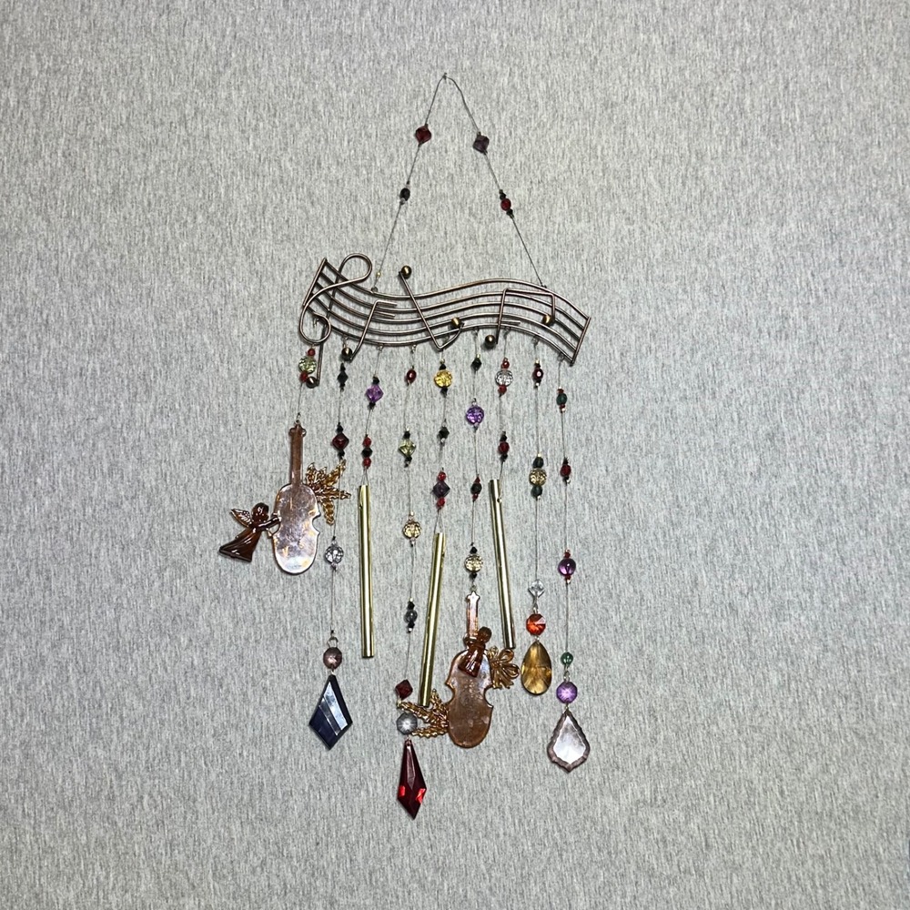 VTG Musical Note Wind Chime Violin Angel Metal Staff Suncatcher Colorful Beads